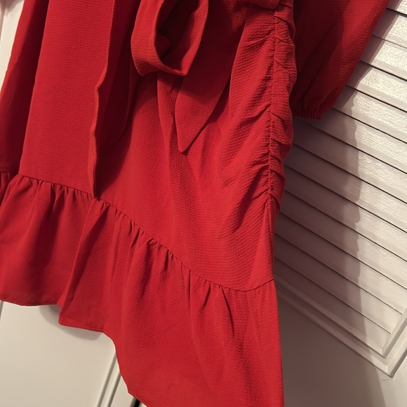 Donna Morgan Women's Long Sleeve Asymmetrical Hem Flounce Dress w/tie fluttering - Picture 10 of 10